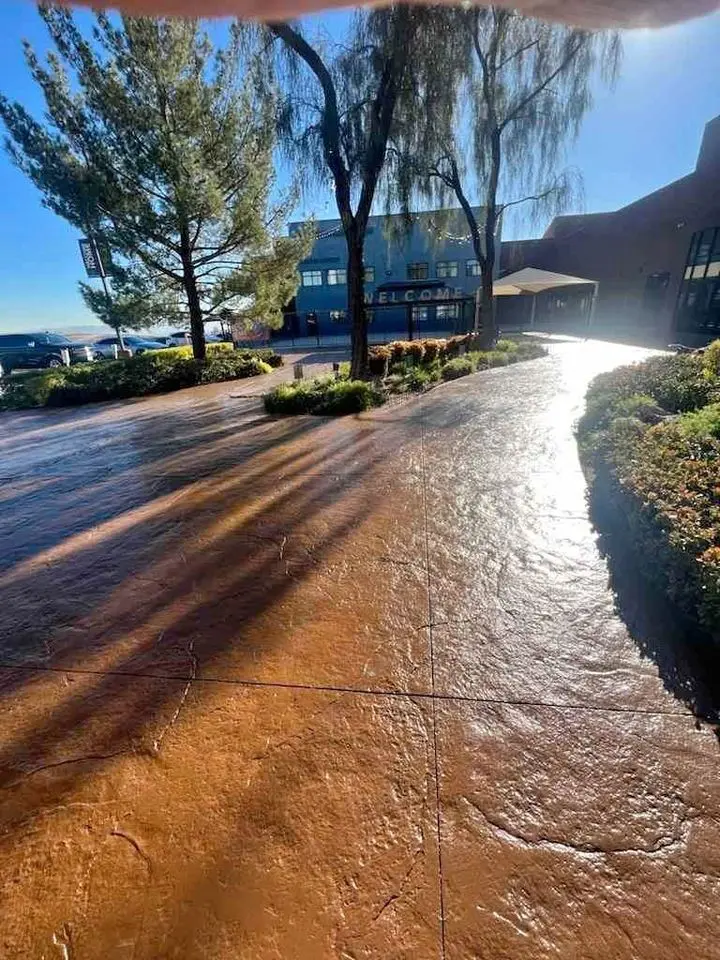 A sunlit pathway lined with trees and shrubs leads to a building with a Welcome sign. The shadows of the trees create a striking pattern on the concrete driveway, crafted by an expert concrete contractor in San Bernardino, CA.